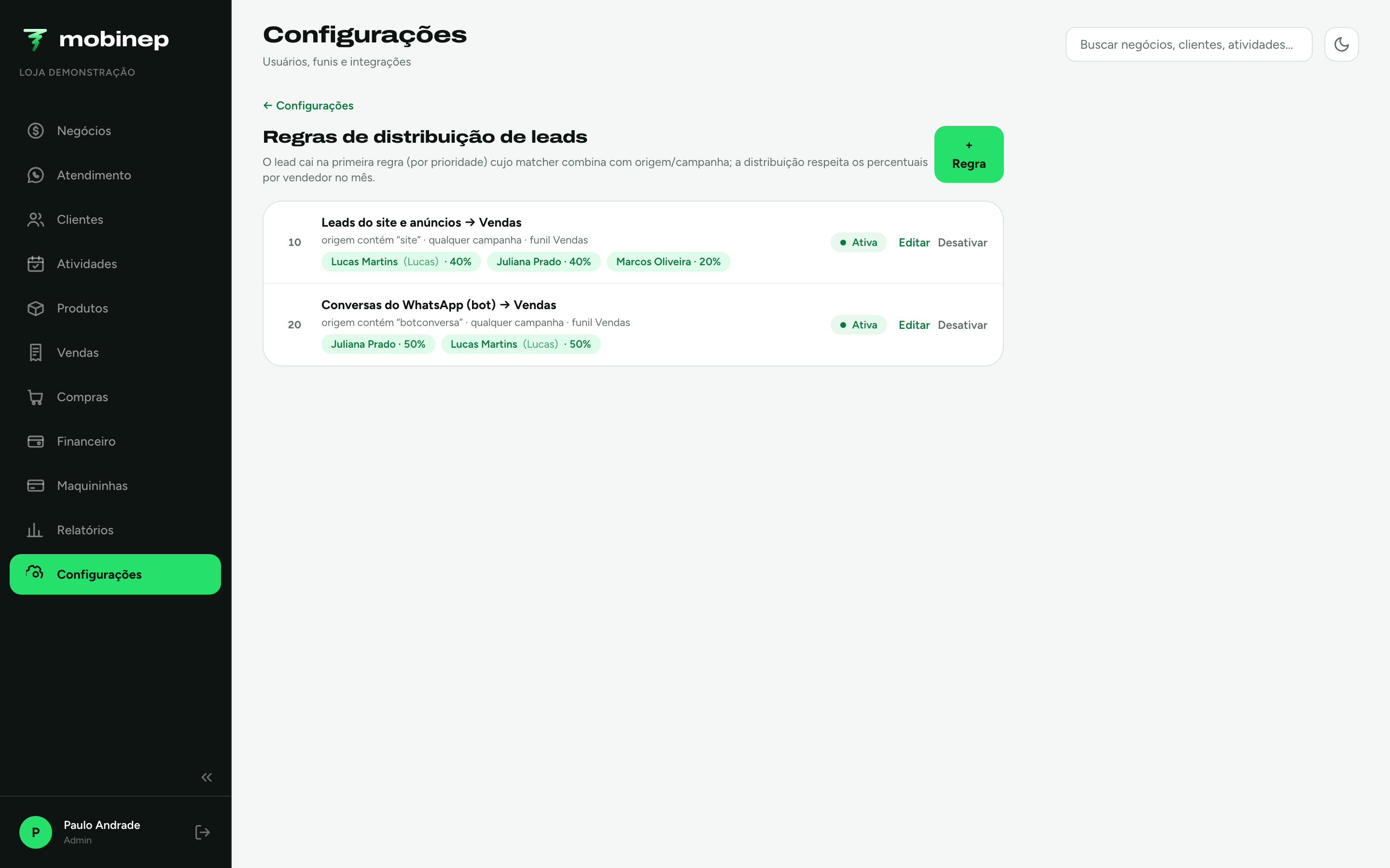 Regras de divisão de contatos no Mobinep, com a porcentagem de cada vendedor por origem do contato.