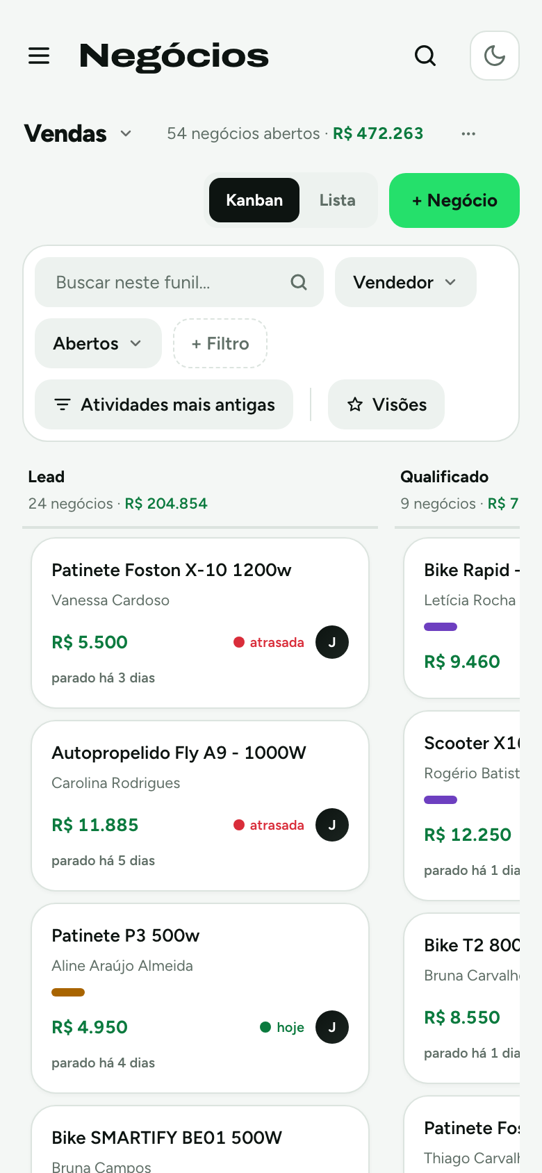 Quadro de negócios do Mobinep aberto no celular.