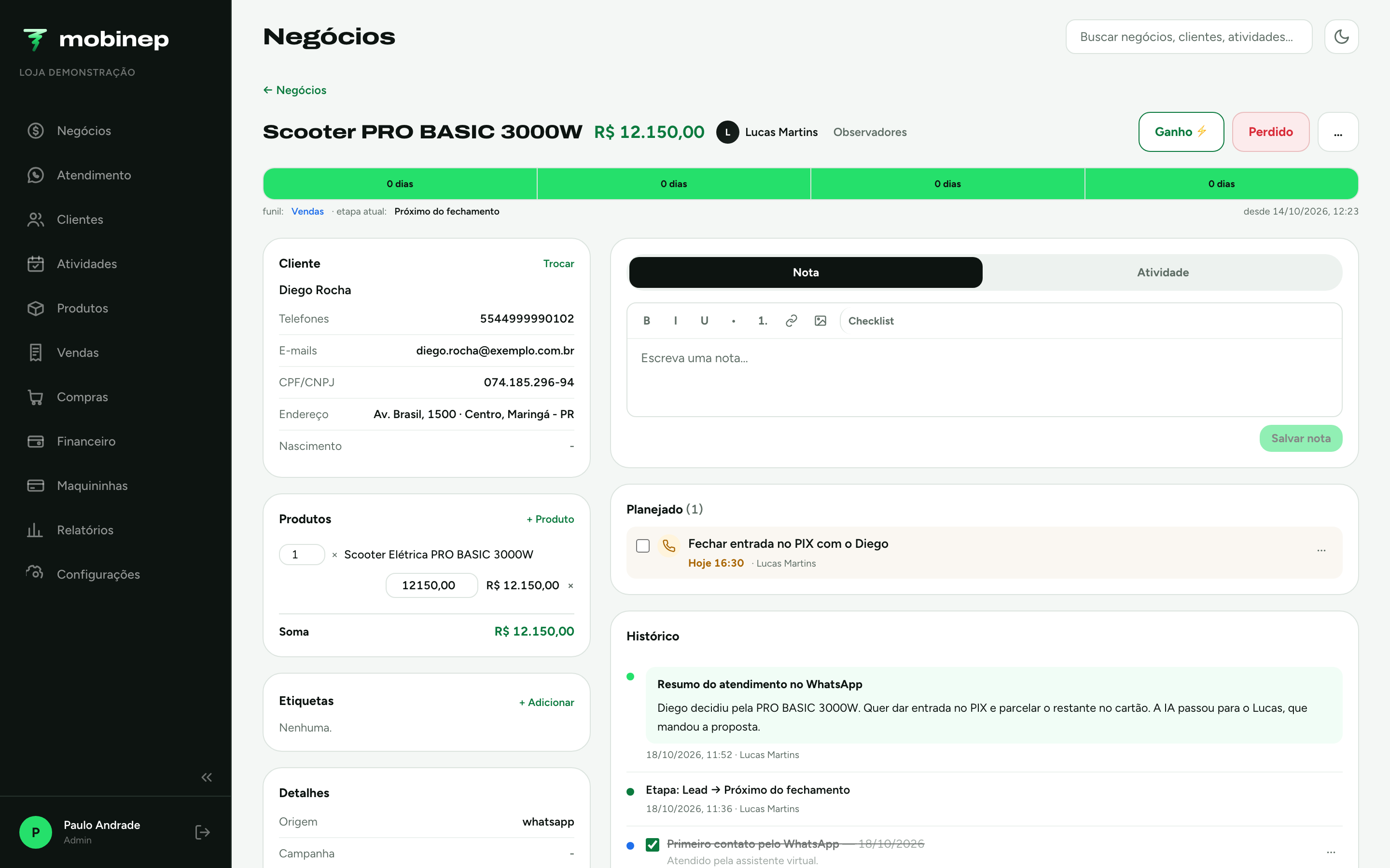 Negócio aberto no Mobinep: etapas da venda, produtos, forma de pagamento e o histórico do cliente.